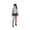 This pixel art features a casually dressed woman with a light blue color scheme. She stands with a neutral expression, her dark hair tied back with a matching ribbon.