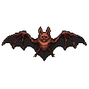 A menacing bat with outstretched wings dominates this pixel art, its reddish-brown body and dark gray membranes silhouetted against a stark black background. The dynamic pose and visible fangs evoke a mysterious and slightly spooky vibe.