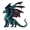 A majestic, pixelated dragon stands poised with wings spread, its cool blue scales and piercing yellow eyes radiating power and ancient mystique. The creature's alert expression and imposing stance suggest a being ready to dominate the skies.