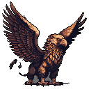A powerful pixel art griffin commands attention, wings spread wide and gaze intense, rendered in warm, earthy tones. The creature's majestic form is brought to life through careful pixel work, emphasizing its mythical nature.
