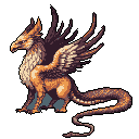 A majestic pixel art griffin, rendered in warm earthy tones, rests with an alert gaze and partially spread wings, exuding quiet power and readiness. The mythical creature is presented in a classic, nostalgic style.