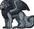 This pixel art showcases a powerful, grayscale griffin with a lion's head, eagle's wings, and serpent's tail. The imposing creature is rendered in striking detail, exuding strength and ancient mystique.