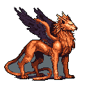 A pixelated griffin stands alert, its orange and brown plumage and muted purple-grey wings radiating ancient power. The majestic creature's poised stance and forward gaze evoke a sense of nobility and mystery.