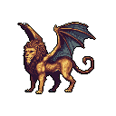 A pixel art sphinx, rendered in warm yellows and browns with cool blue wings, stands watchfully against a black void, exuding an aura of ancient mythology and quiet power.