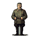 This pixel art portrays a stern military officer in uniform, standing rigidly at attention with a focused gaze. The muted color palette and retro style create an authoritative and slightly intimidating figure.
