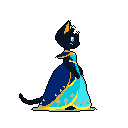 This pixel art features a regal, anthropomorphic black cat in profile, adorned in a stunning navy and cerulean blue gown with intricate gold accents. The elegant attire and gentle expression create a fantasy vibe, reminiscent of a character from a storybook.