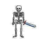 A retro-style pixel art skeleton stands grinning, sword in hand, ready for adventure (or maybe just a classic video game fight). The monochromatic design with silver and blue accents gives it a distinct, nostalgic feel.