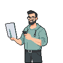 This pixel art image portrays a focused man in a teal hoodie, engrossed in documents he holds while studying them in his hands. His dark-rimmed glasses and slight smile suggest concentration and a hint of satisfaction.