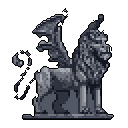 A pixel art statue of a dark, winged lion (possibly a griffin) sits stoically against a black backdrop. Rendered in shades of grey, the image evokes a sense of historical gravitas and mystery.