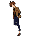 A pixel art image shows a stylish and slender male character in casual earthy tones, standing in a relaxed pose. He appears contemplative, looking down with his right hand in his pocket.