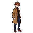 This pixel art portrays a young man in a stylish trench coat, exuding a calm and sophisticated vibe. With his relaxed pose and muted color palette, he hints at a subtle mystery.