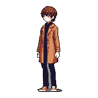 A young man with wavy brown hair and a tan trench coat is depicted in a stylish pixel art portrait. The figure, wearing gloves and dark pants with a subtle stripe, exudes an air of understated cool.