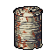 This pixel art showcases a heavily corroded tin can, rendered in muted tones against a stark black background, evoking a sense of decay and neglect. The detailed rust and dents tell a silent story of age and harsh environments.