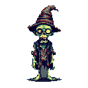 A cartoonish zombie wizard with tattered robes and a vacant stare stands front and center, rendered in detailed pixel art. The muted color palette and decaying details create an eerie, nostalgic feel.