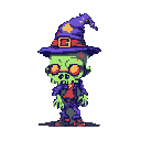 A pixelated zombie wizard, complete with purple hat, green skin, and orange-lensed glasses, stands out against a black backdrop. This undead mage blends spooky and comical elements for a unique, lighthearted take on the zombie genre.