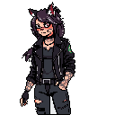 A shy, cat-eared character with a punky style and intricate tattoos strikes a flustered pose. Her dark palette is punctuated by pops of red and green against a stark black background.