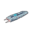 A sleek, light grey pixel art spacecraft with a blue cockpit soars against a black background, its red exhaust trails hinting at a journey through the void. The futuristic design and cool color palette evoke a sense of technological sophistication and exploration.