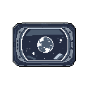 Gaze through a retro-futuristic spaceship window at a pixelated, cratered moon or planet suspended in the star-filled void of space. The robust, riveted frame offers a stark contrast to the vastness and wonder of the cosmos beyond.