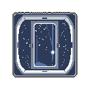 Gaze into the cosmos through a pixelated spacecraft window in this serene artwork. The cool-toned palette and starry expanse evoke a sense of vastness and quiet solitude.