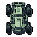 This top-down pixel art showcases a robust, olive-green off-road vehicle or APC, rendered in a utilitarian style with heavy-duty tires and geometric detailing. The monochromatic, desaturated palette and solid black background emphasize the vehicle's imposing and functional design.