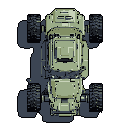 This pixel art image showcases a robust, military-grade off-road vehicle rendered in a muted, earthy color palette. The top-down view emphasizes its rugged design and utilitarian feel against a stark black background.