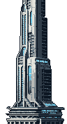 A towering, futuristic skyscraper dominates the scene with its intricate, interconnected sections and glowing blue windows. The building's cool-toned palette and sleek design evoke a sense of technological grandeur.