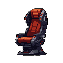 This pixel art showcases a detailed, futuristic pilot's seat, rendered in dark reds, grays, and blacks with striking orange highlights. The intricate design and industrial color scheme evoke a sense of high-tech functionality.