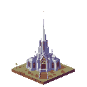This pixel art showcases an isometric view of a futuristic or fantasy temple, featuring sharp angles, elaborate detailing, and a tall spire. The muted color palette of greys, purples, and tans evokes a sense of grandeur and mystery, hinting at a forgotten civilization.