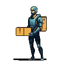 A pixelated delivery robot diligently carries a package, its blue-grey metallic form hinting at a utilitarian future. The robot's careful posture and the warm tones of the packages stand out against the stark black background, emphasizing its purposeful task.