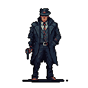 A pixel-art detective or gangster, armed and mysterious, strikes a confident pose. His trench coat and hat obscure his face, hinting at intrigue and danger in this retro-styled portrait.