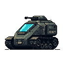 This pixel art showcases a boxy, futuristic armored vehicle with a striking cyan windshield. Its tracked design and muted color palette evoke a retro-futuristic military aesthetic.