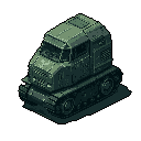 This pixel art showcases a heavily armored military transport vehicle, rendered in isometric view with a muted green-gray palette. The tracked carrier's blocky design and visible details evoke a sense of robust functionality.