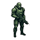 A pixelated futuristic soldier in full armor stands ready for battle, gripping a large rifle in this striking, monochromatic design. The detailed armor and weapon showcase the artist's skill within the retro pixel art style.