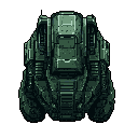 This pixel art showcases a heavily armored, dark green tank viewed from above, rendered in a retro style. Its blocky design and muted colors evoke an ominous, industrial feel, hinting at a powerful war machine.