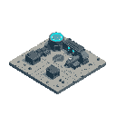 This pixel art showcases a ruined, futuristic base with interconnected gray and blue structures. A glowing blue power source sits atop a raised platform amidst the damaged buildings, hinting at a desolate, post-apocalyptic world.