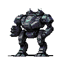 This pixel art showcases a powerful, imposing mech with missile pods and arm cannons, rendered in cool grays and blues. The retro style and detailed design evoke a sense of technological strength and potential conflict.