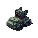 This pixel art showcases a formidable missile launcher truck, rendered in muted military colors and poised for action. The armored vehicle, with its multiple missile tubes angled upwards, evokes a sense of serious power and potential conflict.