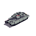 This pixel art image features an isometric tank rendered in cool grays and purples, its turret rotated and gun ready. Red accents hint at sensors or lights, bringing a touch of detail to the otherwise minimalist design.