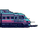 A vibrant, pixelated train speeds forward against a stark black backdrop, its teal, pink, and purple hues creating a retro-futuristic synthwave vibe. The streamlined locomotive's dynamic angle evokes a sense of rapid transit and energetic movement.