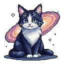A sweet pixel art cat sits serenely against a backdrop of distant stars and a swirling spiral galaxy. The image captures a whimsical blend of feline charm and cosmic wonder, creating a peaceful and nostalgic scene.