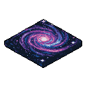 This pixel art image showcases a vibrant, isometric spiral galaxy floating in the void. The stylized galactic formation, rendered in cool-toned purples, blues, and pinks, evokes a sense of cosmic wonder. It resembles a collectible icon or game asset.