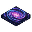 This pixel art showcases an isometric block tile displaying a swirling galaxy on its surface, a miniature cosmos captured in solid form. Deep purples and blues create a vibrant, ethereal space scene. The block evokes a sense of wonder, like a piece from a fantastical space world.