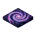 A pixel art cube, suspended in a black void, showcases a vibrant, swirling galaxy on its surface. The cosmic design, with pink and purple hues and sparkling stars, wraps around the cube in an isometric perspective, hinting at an endless universe contained within.
