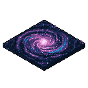 This pixel art showcases a vibrant, isometric spiral galaxy swirling against a stark black background. The diamond-shaped galaxy, rendered in purples, blues, pinks, and white, exudes cosmic wonder and tranquil beauty.