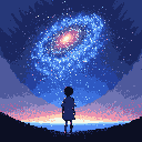 A lone, silhouetted figure gazes in wonder at a sprawling galaxy, evoking a sense of solitude and the vastness of the cosmos. The pixel art captures a moment of awe as the figure contemplates the beauty and mystery of space.