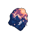 This pixel art presents an abstract, crystalline landscape featuring stylized mountains under a warm, celestial sun. The vibrant blues, purples, and oranges create an atmospheric scene evoking tranquility and a sense of cosmic wonder.