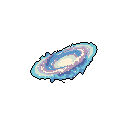 This pixel art image showcases a serene, stylized ringed planet or galaxy in cool blue and pastel tones. The celestial body floats in the dark void of space, evoking a sense of cosmic beauty and quiet mystery.