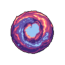 A vibrant, swirling pixel art portal dominates the black void, its cosmic energy rendered in mesmerizing shades of purple, pink, and icy blue. The dynamic patterns and bright specks evoke a sense of otherworldly mystery and powerful motion.