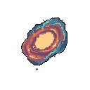 A vibrant, elliptical cosmic anomaly swirls with fiery oranges, yellows, and cool blues, creating a dynamic pixel art portal effect. The glowing core and scattered particles hint at immense energy and a mysterious celestial phenomenon.