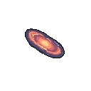 A vibrant, angled pixel art galaxy swirls with concentric rings of yellow, orange, red, and purple, creating a stunning display of cosmic beauty. The celestial body, dotted with bright clusters suggesting stars, floats in the vast emptiness of space.
